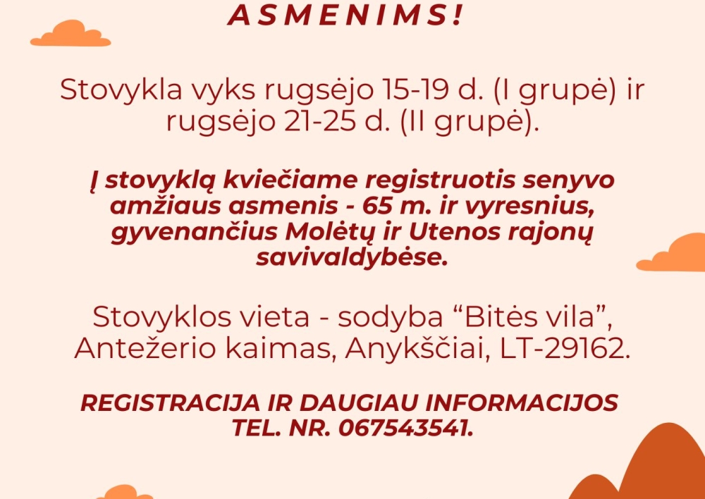Kviečiame senyvo amžiaus asmenis į nemokamą 5 dienų sveikatinimo stovyklą