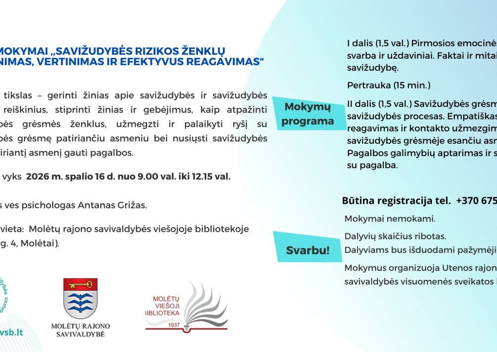 Molėtuose vyks savižudybės rizikos ženklų atpažinimo ir reagavimo mokymai