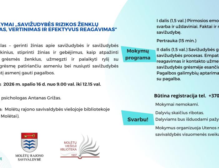 Molėtuose vyks savižudybės rizikos ženklų atpažinimo ir reagavimo mokymai