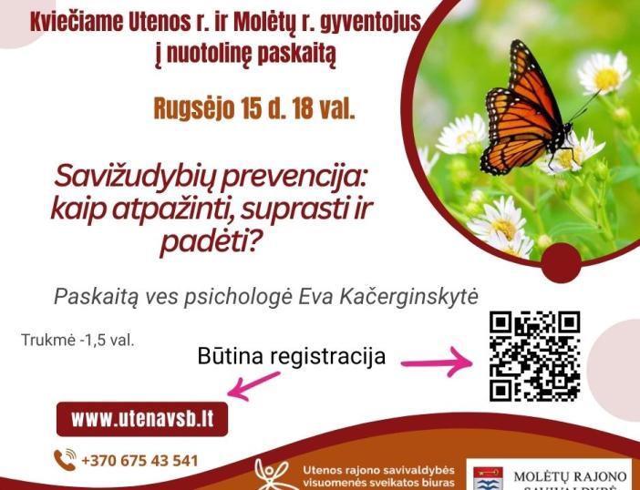 Vyks nuotolinė paskaita tema: „Savižudybių prevencija: kaip atpažinti, suprasti ir padėti?"