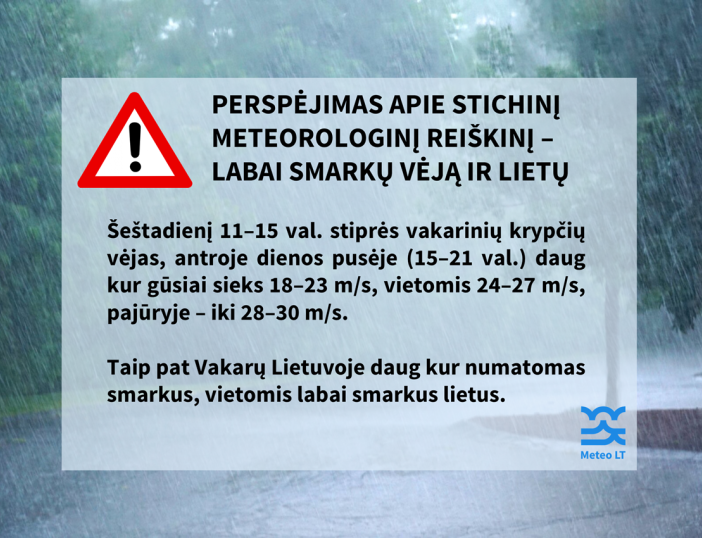 Gyventojai įspėjami dėl smarkaus vėjo ir gausaus lietaus
