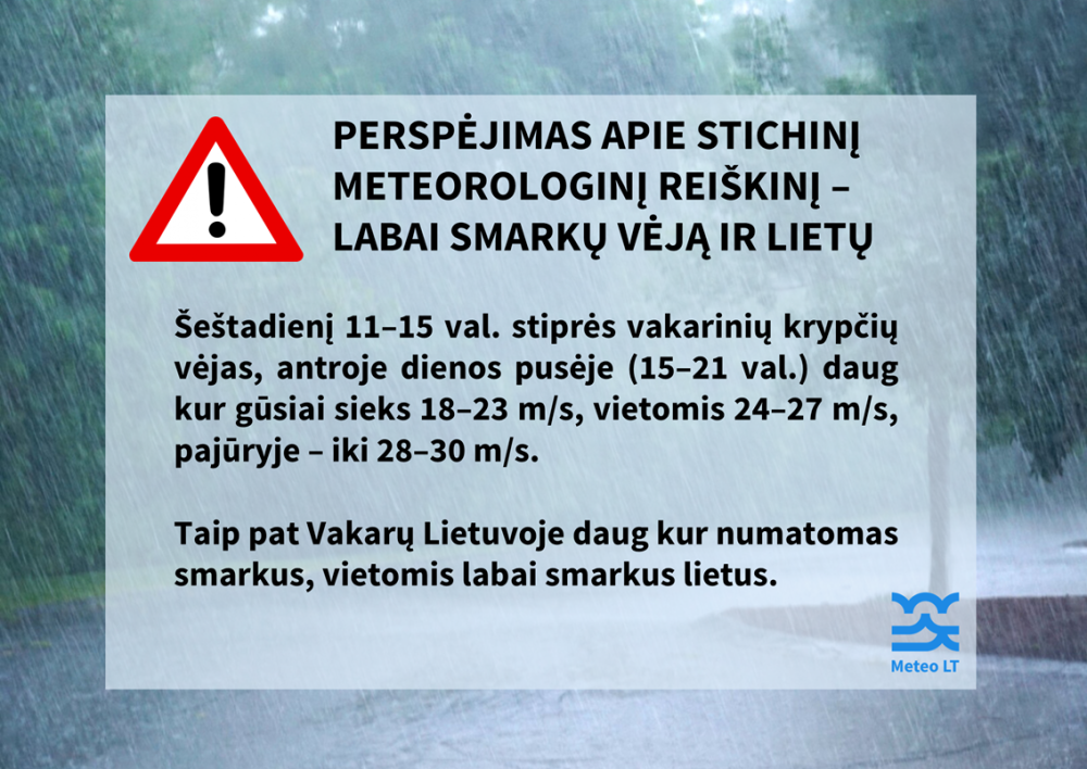 Gyventojai įspėjami dėl smarkaus vėjo ir gausaus lietaus