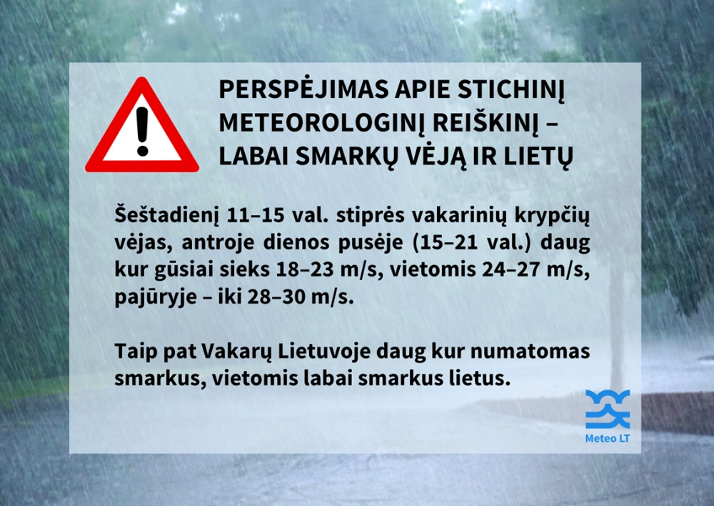 Gyventojai įspėjami dėl smarkaus vėjo ir gausaus lietaus