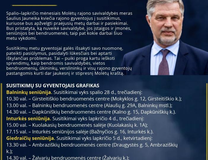 Molėtų rajono meras Saulius Jauneika kviečia gyventojus į susitikimus Balninkų, Inturkės ir Giedraičių seniūnijose