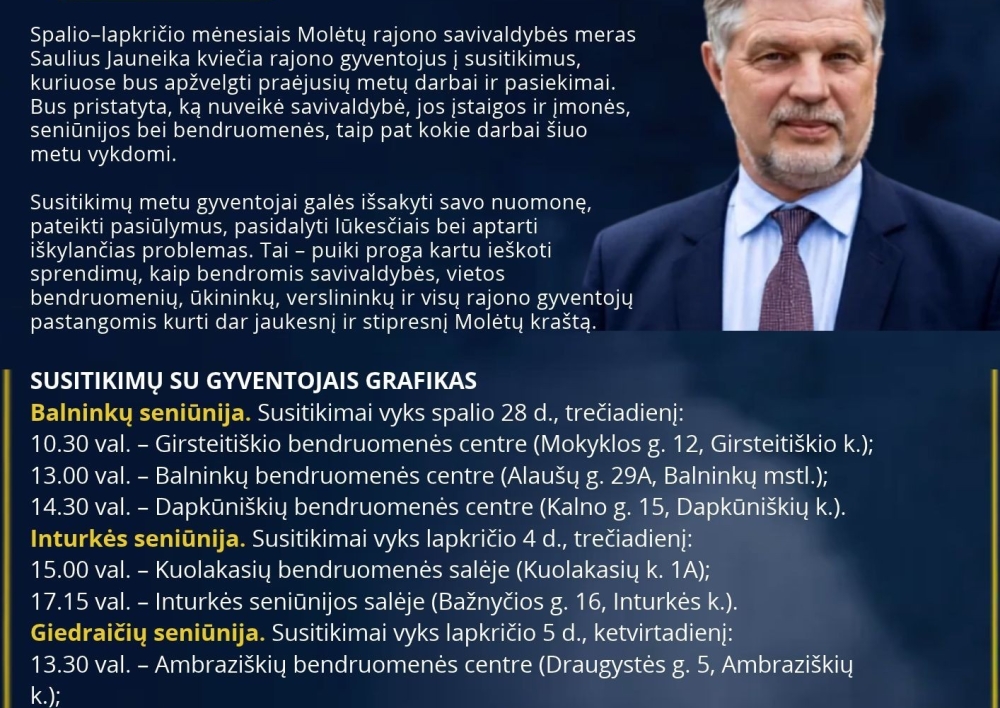 Molėtų rajono meras Saulius Jauneika kviečia gyventojus į susitikimus Balninkų, Inturkės ir Giedraičių seniūnijose